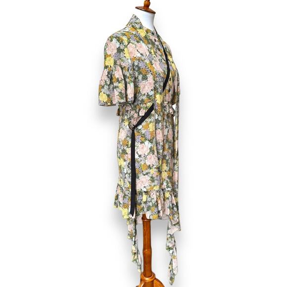 Rokh Womens Slit Frill Dress Multicolor Floral Short Sleeve Asymmetric S… - Picture 4 of 13